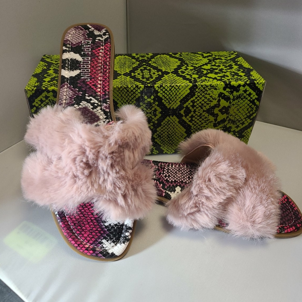 Pink faux fur sandals slip ons